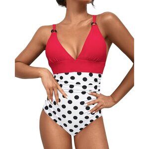 🆕Women’s Polka Dot Tummy Control Swimsuit V Neck Ruched Criss Cross Polyamide